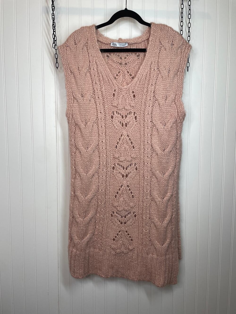 ZARA Pink Wool Blend Cable Knit Tunic Long Oversized Sweater Vest Top Size S